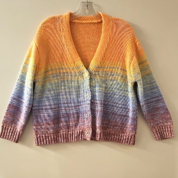 Pastel rainbow cable knit button down the front cardigan XL office Spring - Picture 3 of 7